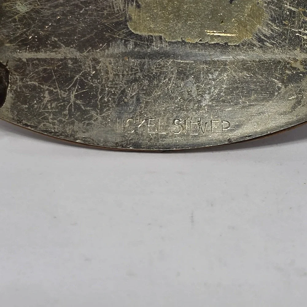 Vintage Nickel Silver Two Tone Rodeo Bucking Bronco Oval Belt Buckle Western